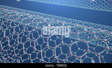 3D-Illustration Struktur des Graphen Rohr, abstrakte Nanotechnologie sechseckiger geometrischer Form close-up, Konzept Graphen atomare Struktur, Konzept Stockfoto