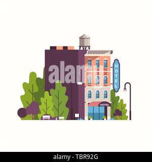Modernes Hotel Haus außen Hostel Gebäude für die Fassade Landschaft Hintergrund flach Stock Vektor