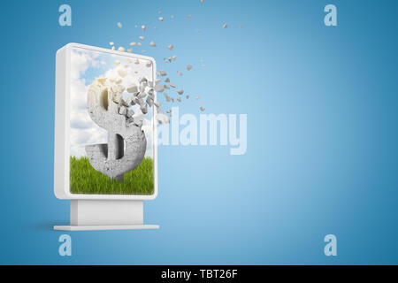 3D-Rendering von digitalen Infodisplays mit Dollarzeichen lösen in Partikel auf dem Bildschirm auf blauem Hintergrund mit kopieren. Stockfoto