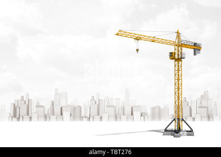 3D-Rendering der Baukran auf weiße Stadt Wolkenkratzer Hintergrund Stockfoto