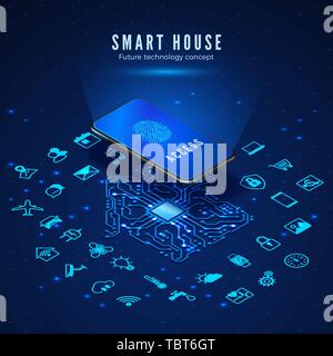 Smart House Konzept. Smartphone mit Fingerabdruck auf dem Bildschirm und Symbole festlegen. Smart Home Monitoring- und Kontrollsysteme. Vector Illustration Stock Vektor