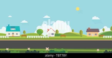 Schöne Natur Landschaft mit Häusern, Sitzbank und Zäune Hintergrund. Home mit grünen Hügeln und blauer Himmel. öffentlichen Park mit Natur und Straße. Vektor illus Stock Vektor