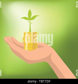 Geld mit Pflanzen von Münzen in der hand Vector Illustration. Spart Geld für Investitionen Konzept Stock Vektor
