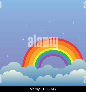 Regenbogen in der Nacht Himmel mit Wolken und Sterne cartoon Vector Illustration. Natur bunten Regenbogen auf Wolken Stock Vektor