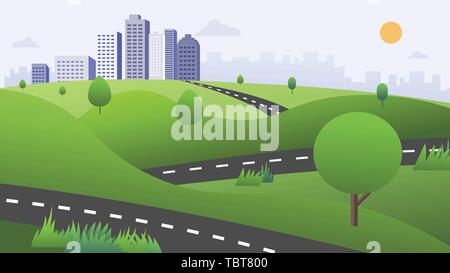 Schöne Natur Szene mit Straße, grüne Hügel, und die Stadt Hintergrund Vector Illustration. Art und Weise zu Stadt wih Himmel Hintergrund. Stadtbild mit der Natur l Stock Vektor