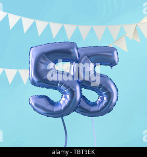 Happy 55th birthday Party Feier blauen Ballon und Bunting. 3D-Rendering Stockfoto