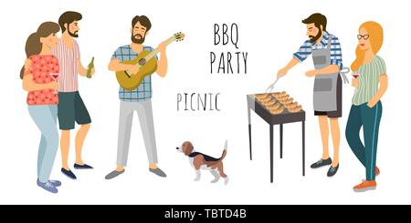 Picknick. Cute flachbild Vector Illustration von isolierten Mans und womans ruht auf die Natur auf einem weißen Hintergrund. Zeichnung von Hand aktive Menschen Wochenende w Stock Vektor