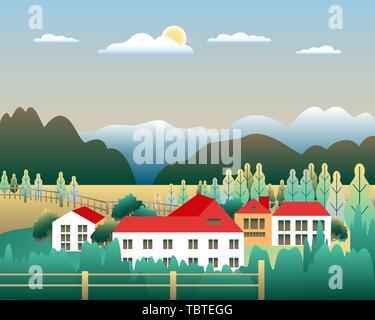 Hügel und Berge Landschaft mit Haus Bauernhof in flachem Design. Wald im Tal Abbildung. Grüne Felder, Wiese, Baum, blauer Himmel und Sonne. Ländliche Stock Vektor