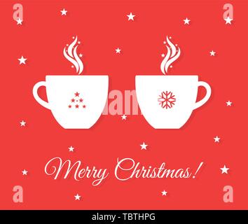 Zwei Weihnachten Tassen Kaffee oder heiße Schokolade auf rotem Hintergrund. Vector Illustration Stock Vektor