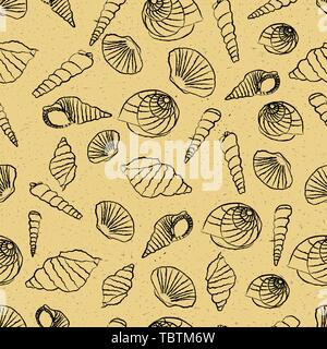 Muscheln im Sand nahtlose Muster Hintergrund. Stock Vektor