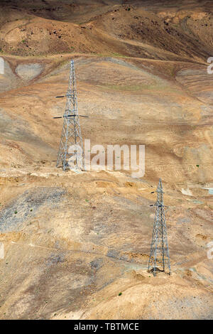 Hohe Spannung Pole in dürren Berglandschaft in Ladakh, Indien Stockfoto