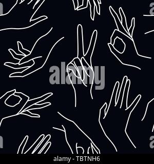 Woman's Hand line Schwarz und Weiß nahtlose Muster. Vektor endlose Hintergrund der weiblichen Händen von verschiedenen Gesten - Sieg, okay. Lineart im minimalistischen Stil auf Stoff zu drucken, Verpackung Stock Vektor