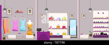 Große weibliche Kleidung Shopping Mall oder Boutique Shop Interior. Vector Illustration. Stock Vektor