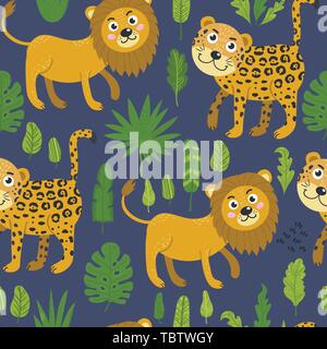 Seamless pattern with cute lions and leopards Stock Vektor