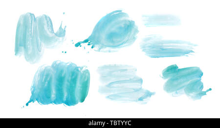 Aquarell. Abstrakt Blau lackiert Tinte Anschläge auf aquarell papier gesetzt. Tinte Anschläge. Flache Art Pinselstrich. Stockfoto
