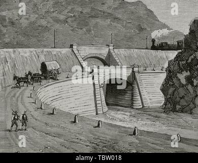 España. Ferrocarril de Valls-Vilanova - Barcelona (VVB). Inauguración del Ferrocarril de Barcelona ein Vilanova y la Geltrú, el 29 de November de 1881. Doble puente sobre el arroyo Vallcarca, para el camino de Hierro y la Carretera. Grabado. La Ilustración Española y Americana, 8 de Enero de 1882. Stockfoto