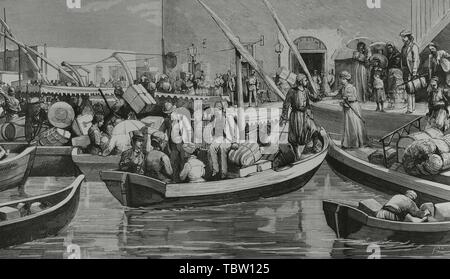 Sucesos de Egipto. Conflicto de Alejandría. El 11 de Oct de 1882 estalla en Alejandría un Movimiento xenófobo contra La población extranjera, provocada por la Entrada de barcos Ingleses y franceses al Puerto de la Ciudad para derrocar eine Jedive Tewlik. La escuadra inglesa abrió Fuego conta la Ciudad y la ocupó. Familias europeas abandonando la Ciudad ante La inminencia del bombardeo. Grabado por Rico. La Ilustración Española y Americana, 15 de Julio de 1882. Stockfoto