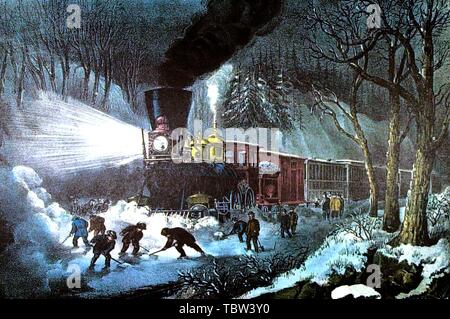 TREN DE VAPOR EN LA NIEVE. Autor: Currier und Ives. Standort: Private Collection. Stockfoto