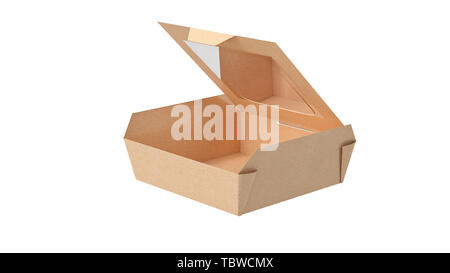Verpackung Food Box Karton Braun auf weißem Hintergrund isoliert. 3D-Rendering Stockfoto