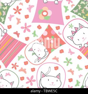 Süße hand Katzen in Handtaschen in Fun multicolor Design mit Blumen und Schmetterlinge gezeichnet. Die nahtlose Vektor Muster auf weißem Hintergrund. Ideal für Stock Vektor