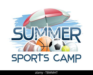 Sport Sommer Camp Konzept mit verschiedenen Bällen und Schirm. Vector Illustration. Stock Vektor