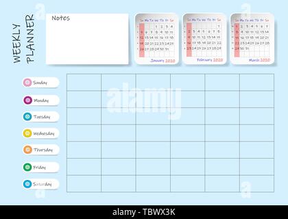 Kalender für das erste Quartal 2020 Jahr mit wöchentlicher Planer chart und leeres Etikett für Notizen und Aufgaben. Woche Sonntag. Stock Vektor