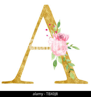 Erste ein Schreiben mit Blumen raster Abbildung. Lateinische Alphabet Symbol mit schöne rosa Blüte Aquarell Malerei. Monogramm mit goldenen Textur Stockfoto