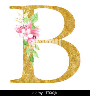 Erstmalige B Brief mit Blumen raster Abbildung. Lateinische Alphabet Symbol mit rosa Blüten Aquarell Malerei. Karton Monogramm mit goldenen Textur Stockfoto