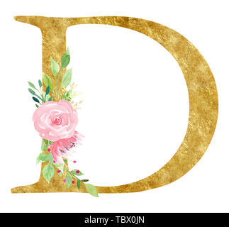 Initial D Brief mit Blossom raster Abbildung. Lateinische Alphabet Symbol mit rosa Blumen Aquarell Malerei. Karton Monogramm mit goldenen Textur Stockfoto