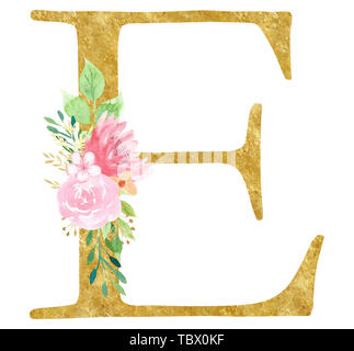 Erste E Brief mit Blumen raster Abbildung. Lateinische Alphabet Symbol mit schönen Blüten Aquarell Malerei. Monogramm mit goldenen Textur Effe Stockfoto