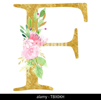 Der Buchstabe F mit rosa Blumen raster Abbildung. Lateinische Alphabet Symbol mit eleganten Blüten Aquarell Malerei. Botanische Monogramm mit gold Textur. Stockfoto