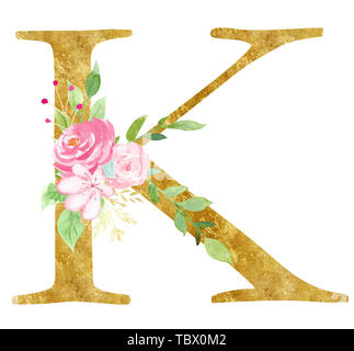 Kapital K schreiben mit Blossom raster Abbildung. Monogramm mit rosa Blumen Aquarell Malerei. Vintage Logo auf weißem Hintergrund. Latein al Stockfoto