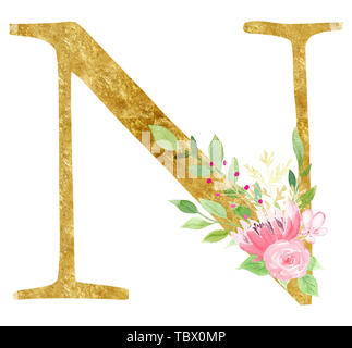 Goldenen ersten N Buchstaben raster Abbildung. Lateinische Zeichen mit schönen rosa Blüten und Blätter Aquarell Malerei. Mit Karton Konsonanten Stockfoto