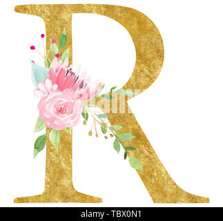 R Brief mit Blume raster Abbildung. Lateinische Zeichen mit rosa Blüten Aquarell Malerei. Elegante Karton Schriftzug mit goldenen t Stockfoto