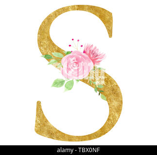Erste S Symbol mit Blossom raster Abbildung. Kreative Buchstaben mit blühenden Blumen Aquarell Malerei. Botanische Konsonanten mit goldenen Stockfoto