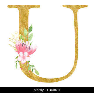 Latin U schreiben mit Blossom raster Abbildung. Erste alphabet Symbol mit goldenen Textur. Realistische Vokal mit schöne Rose und Lotus Aquarell Stockfoto
