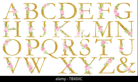 Florale lateinische Alphabet Raster eingestellt. Botanische Font mit Blume, natürliche Schriftzug Collection. Großbuchstaben und kaufmännisches und Aquarell Malerei. Hrsg. Stockfoto