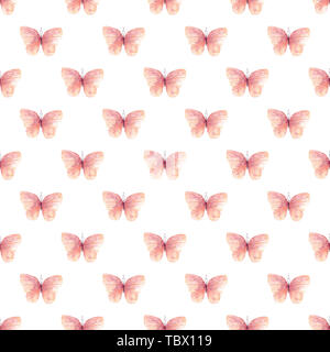 Pfirsich Schmetterlinge nahtlose Aquarell Muster. Soft color geflügelten Insekten raster Abbildung. Schöne flying Bugs dekorativen Textur. Helle entomol Stockfoto