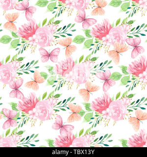 Blumen und bunte Schmetterlinge nahtlose Muster Stockfoto
