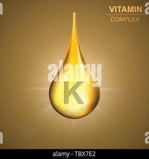 Vitamin K gold glänzenden drop Symbol. Vitamin Komplex Hintergrund Stock Vektor