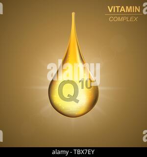 Vitamin gold glänzenden drop Symbol. Coenzym Vitamin Komplex Hintergrund Stock Vektor
