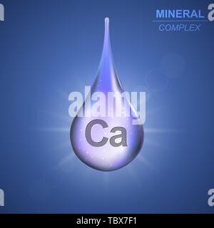 Calcium Mineral leuchtendes Blau drop Symbol. Mineral Komplex Hintergrund Stock Vektor