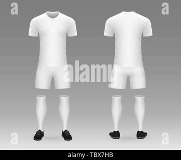 3D realistische Vorlage Fußball-Kit mit Trikot, Hose und Socken auf shop Kulisse. Mockup von Fußball Team einheitliche Stock Vektor