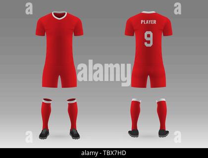 3D realistische Vorlage Fußball-Kit mit Trikot, Hose und Socken auf shop Kulisse. Mockup von Fußball Team einheitliche Stock Vektor