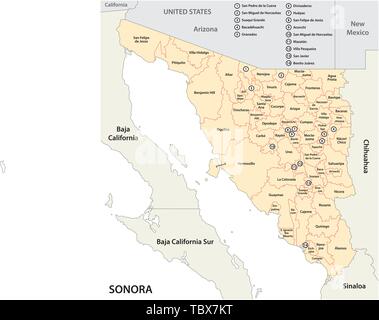 Administrative und politische Karte des mexikanischen Bundesstaates Sonora in spanischer Sprache Stock Vektor