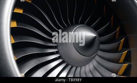 3D-Illustration Jet Engine, - aus der Nähe ansehen Jet Engine blades. Die rotierenden Messer Der turbojet. Teil des Flugzeuges. Blades an den Enden lackiert orange Stockfoto