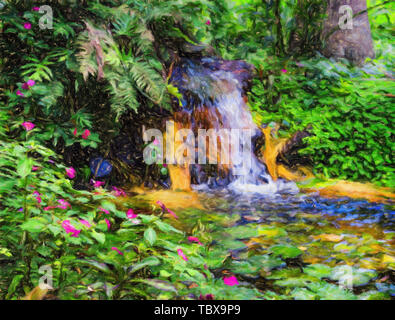 Seerosen, Nymphaeaceae, in üppigen tropischen brasilianischen Regenwald mit Wasserfall - Claude Monet Stil digitale Manipulation Öl auf Leinwand impressioni Stockfoto