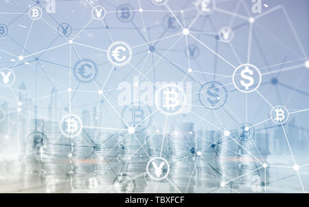 Bitcoin Euro Dollar Finanzen Web Geld Konzept. oins auf virtuellen Bildschirm Double Exposure. Stockfoto