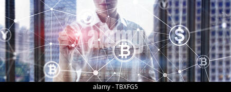 Double Exposure Bitcoin und blockchain Konzept. Digitale Wirtschaft und der Handel mit Devisen. Stockfoto