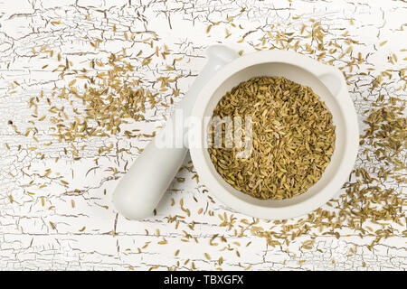 Getrocknete Fenchel Samen in weißem Mörtel auf rustikalen weiße Holztisch, Hintergrund, oben flach von oben mit selektiven Fokus Stockfoto